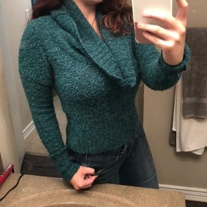 Turquoise knit sweater with cowl